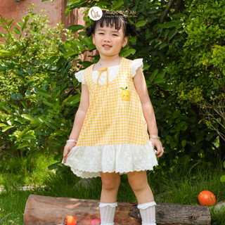 NBAN (6M-6Y) Đầm bé gái Hương Mùa Vàng, váy caro cotton phối ren cánh tiên mềm mát cho bé