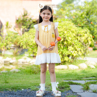 NBAN (6M-6Y) Đầm bé gái Hương Mùa Vàng, váy caro cotton phối ren cánh tiên mềm mát cho bé