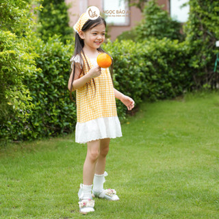 NBAN (6M-6Y) Đầm bé gái Hương Mùa Vàng, váy caro cotton phối ren cánh tiên mềm mát cho bé