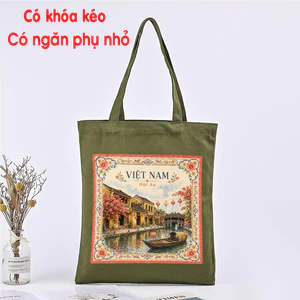 Túi Tote vải Canvas xanh matcha in HỘI AN Việt Nam - túi vải xanh lá CÓ KHÓA KÉO thời trang tuie0338d