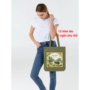 Túi Tote có khóa kéo MIỀN TÂY Việt Nam - túi vải xanh lá xanh matcha CÓ KHÓA thời trang tuie0338k