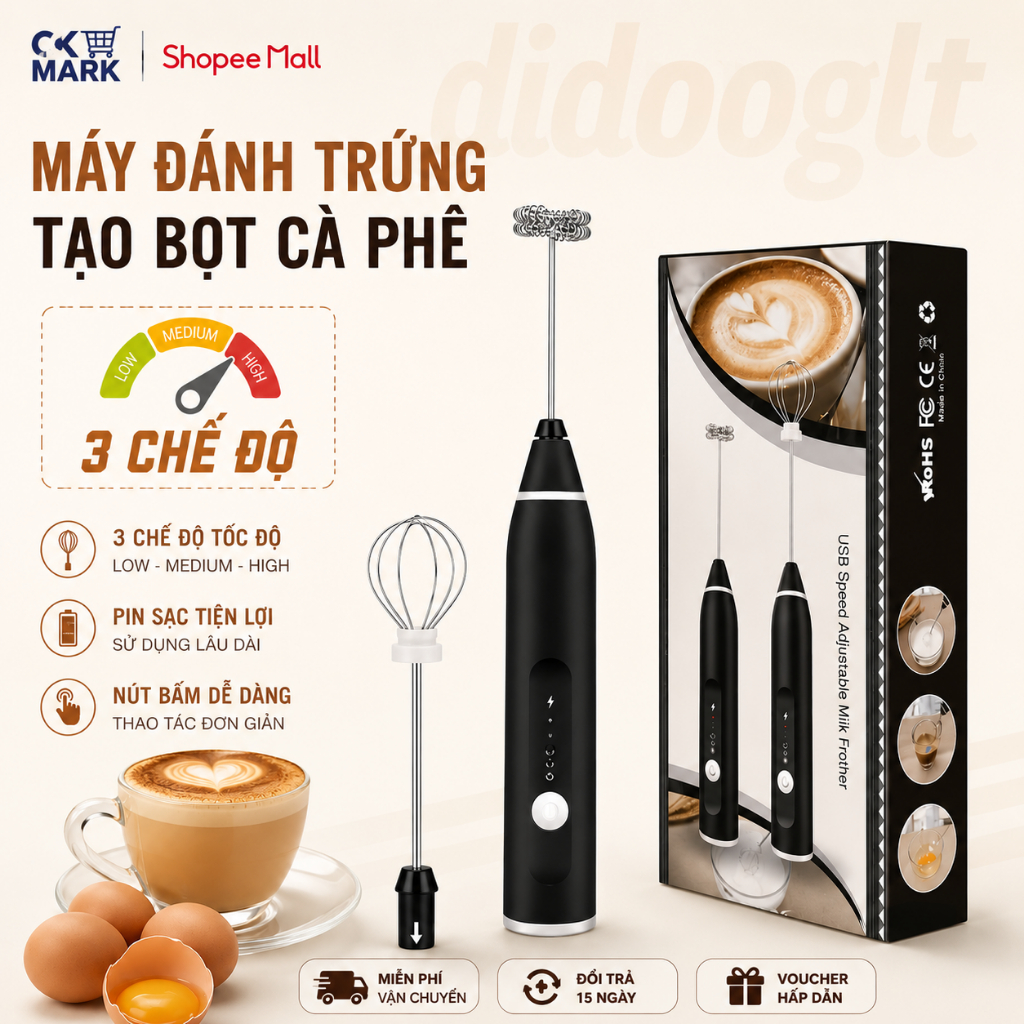 Máy Đánh Trứng Tạo Bọt Cafe Cầm Tay DIDOOGLT 3 Tốc Độ Sạc Điện Cao Cấp