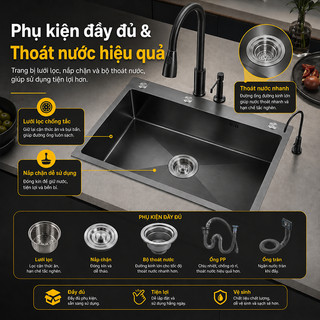 Chậu Rửa Bát 1 Hố INOX 304 Cao Cấp Nhập khẩu Chậu đơn dung tích lớn Chậu rửa chén màu đen/bạc
