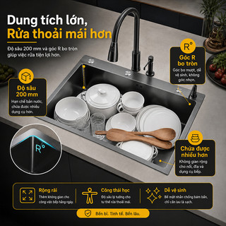 Chậu Rửa Bát 1 Hố INOX 304 Cao Cấp Nhập khẩu Chậu đơn dung tích lớn Chậu rửa chén màu đen/bạc