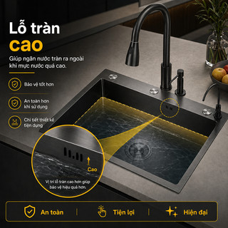 Chậu Rửa Bát 1 Hố INOX 304 Cao Cấp Nhập khẩu Chậu đơn dung tích lớn Chậu rửa chén màu đen/bạc