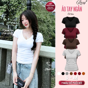 Áo Thun Nữ RUSY Cổ Tim Tay Ngắn Form Body Tôn Dáng Chất Thun Co Giãn Mềm Mịn Dễ Phối Đồ TN12