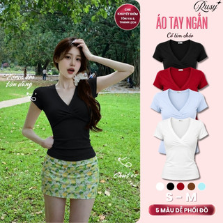 Áo Thun Nữ RUSY Cổ Tim Chéo Tay Ngắn Form Body Tôn Dáng Chất Thun Borip Co Giãn Mềm Mại TN11