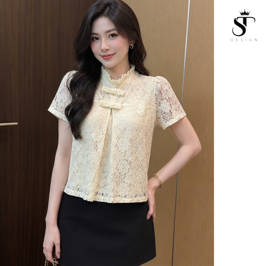 Áo kiểu tiểu thư hottrend 2 lớp phối ren sang chảnh màu Be kem phong cách Hàn Quốc - ST Design - k90