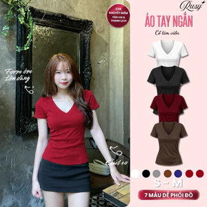 Áo Thun Nữ RUSY Cổ Tim Tay Ngắn Phối Viền Form Body Tôn Dáng Chất Thun Borip Co Giãn Mềm Mại TN10