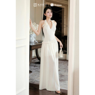 Đầm thun gạo trắng Khiết Style dáng dài maxi cổ yếm đính hoa 3D phong cách thanh lịch KD462