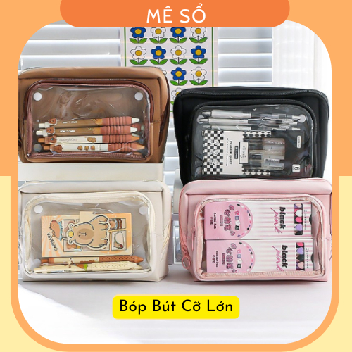 Bóp Bút To Nhiều Ngăn Meso, Hộp Bút Cỡ To 9 Ngăn Chứa Rộng Rãi, Bóp Viết To Trong Suốt Form Cứng Cáp