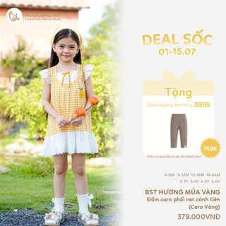 NBAN (6M-6Y) Đầm bé gái Hương Mùa Vàng, váy caro cotton phối ren cánh tiên mềm mát cho bé
