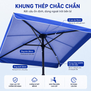 Ô Dù Vuông Ngoài Trời Che Nắng Mưa, Dù Bán Hàng 4 Nan Khung Thép, Size 2x2/2.5x2.5/3x3m, Xanh/Đỏ