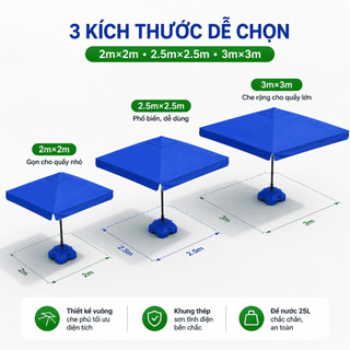 Ô Dù Vuông Ngoài Trời Che Nắng Mưa, Dù Bán Hàng 4 Nan Khung Thép, Size 2x2/2.5x2.5/3x3m, Xanh/Đỏ