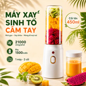 Máy Xay Sinh Tố Cầm Tay 450ml 2 Cối 21000rpm Xay Đá Nhỏ Pin 1500mAh Sạc Type-C Mini Tiện Lợi