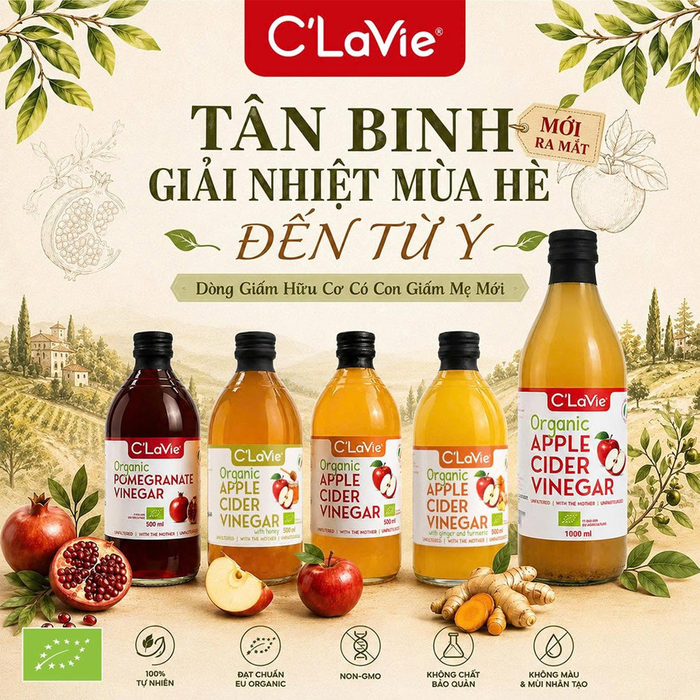Giấm táo giấm lựu hữu cơ C'LaVie có giấm cái detox healthy nhập khẩu Ý