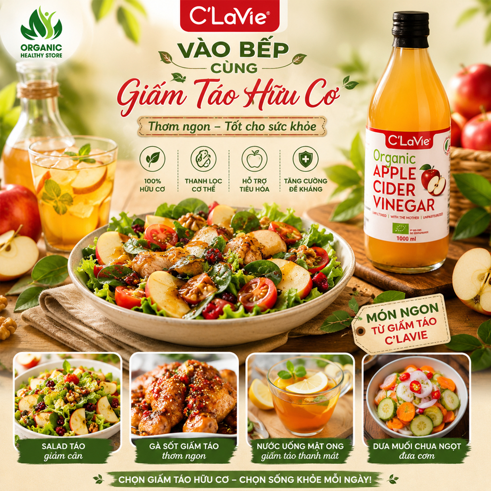Giấm táo giấm lựu hữu cơ C'LaVie có giấm cái detox healthy nhập khẩu Ý