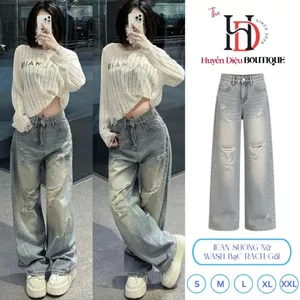 Quần Bò Nữ Ống Rộng Dài Cạp Cao Rách Gối Mềm Mịn Tôn Dáng Mặc Đi Chơi - J054 - HD Boutique