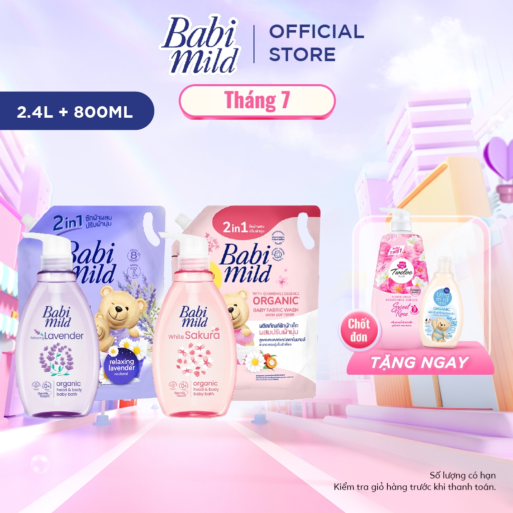 Combo Nước Giặt Xả Cho Bé Sakura 2.4L + Sữa Tắm Gội Trẻ Em 800ml - Babi Mild