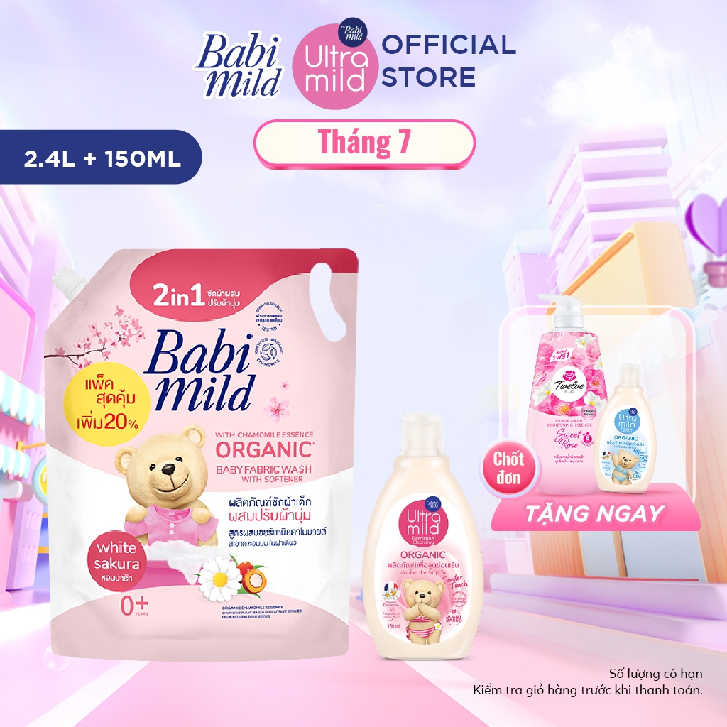 Combo Nước Giặt Xả Dịu Nhẹ Cho Bé 2in1 Babi Mild 2400ml/túi + Dung Dịch Vệ Sinh Phụ Nữ 150ml