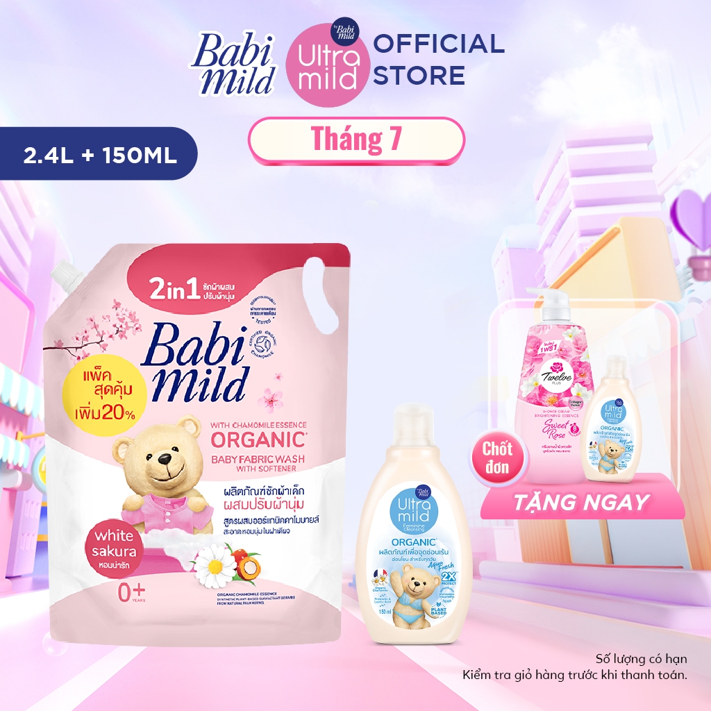 Combo Nước Giặt Xả Dịu Nhẹ Cho Bé 2in1 Babi Mild 2400ml/túi + Dung Dịch Vệ Sinh Phụ Nữ 150ml