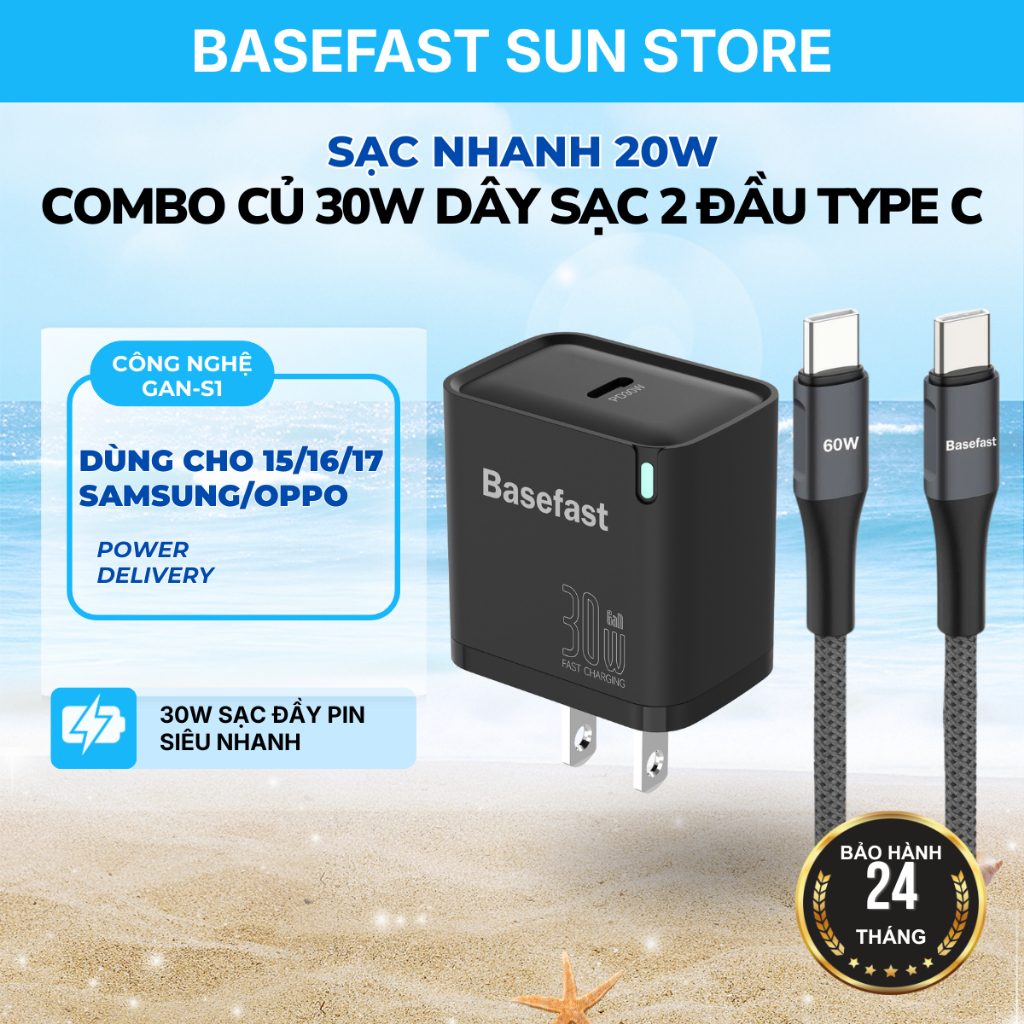 Bộ Sạc Nhanh 30W Basefast GaN Cho 15/16/17PRM Samsung/Oppo Cáp 2 Đầu Type C 1M 2M