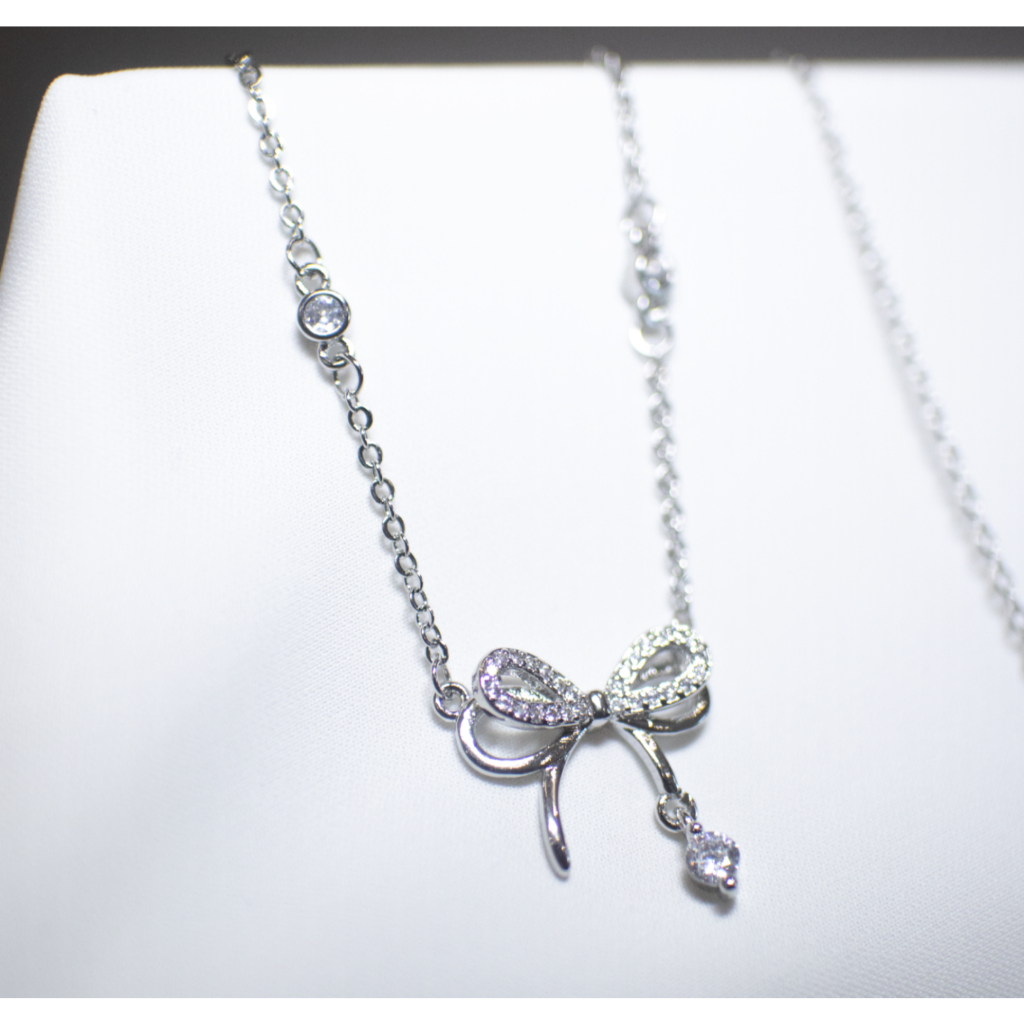 Dây Chuyền Nữ Mạ Bạc Sweet Ribbon Đính Đá Zircon - Vòng Cổ Hình Nơ Thanh Lịch Phong Cách Hàn Quốc