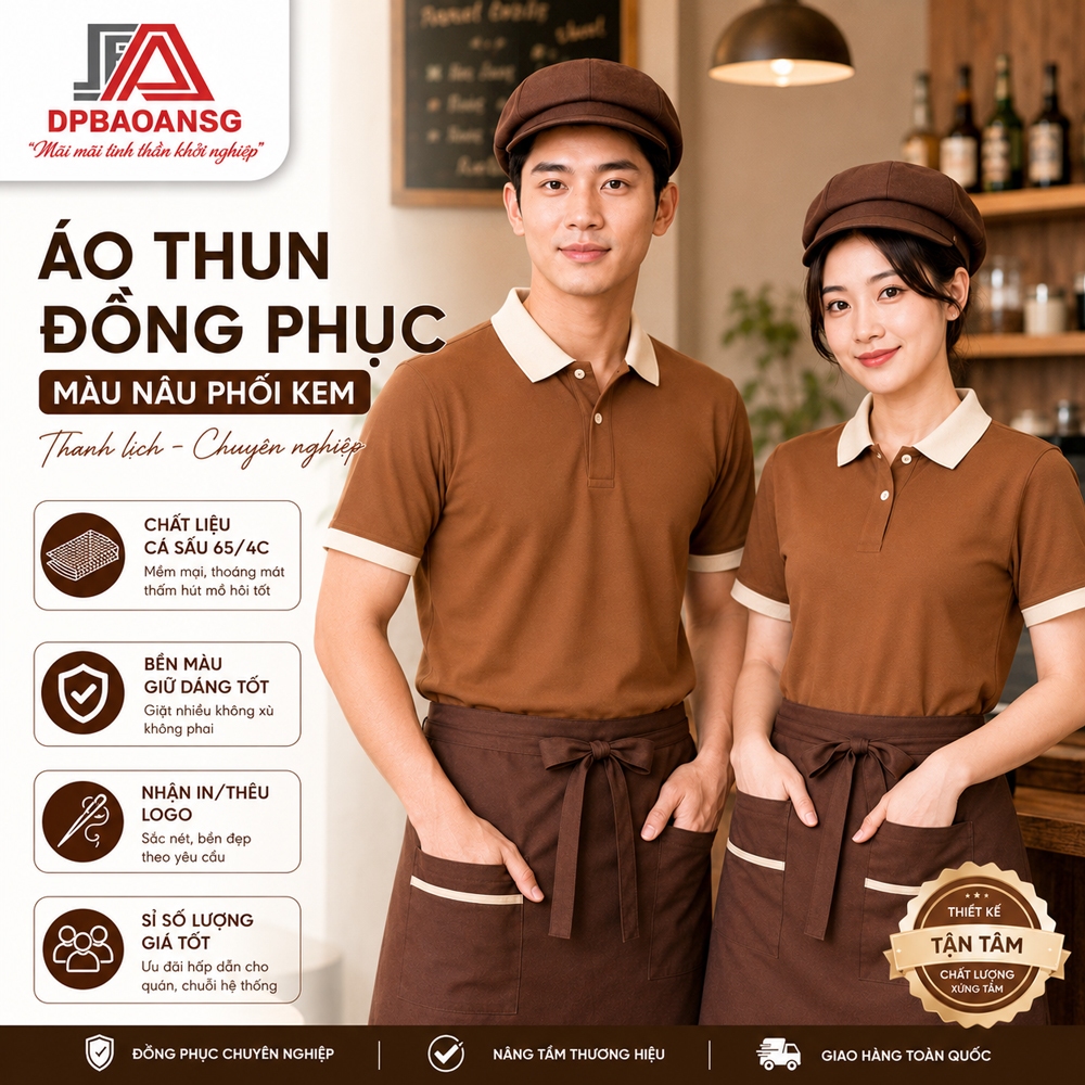 Áo Thun Đồng Phục Quán Vải Cá Sấu Đen, Nâu Cho Nam Nữ Nhân Viên