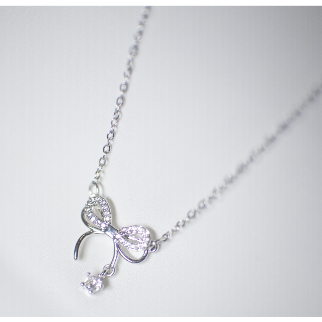 Dây Chuyền Nữ Mạ Bạc Sweet Ribbon Đính Đá Zircon - Vòng Cổ Hình Nơ Thanh Lịch Phong Cách Hàn Quốc