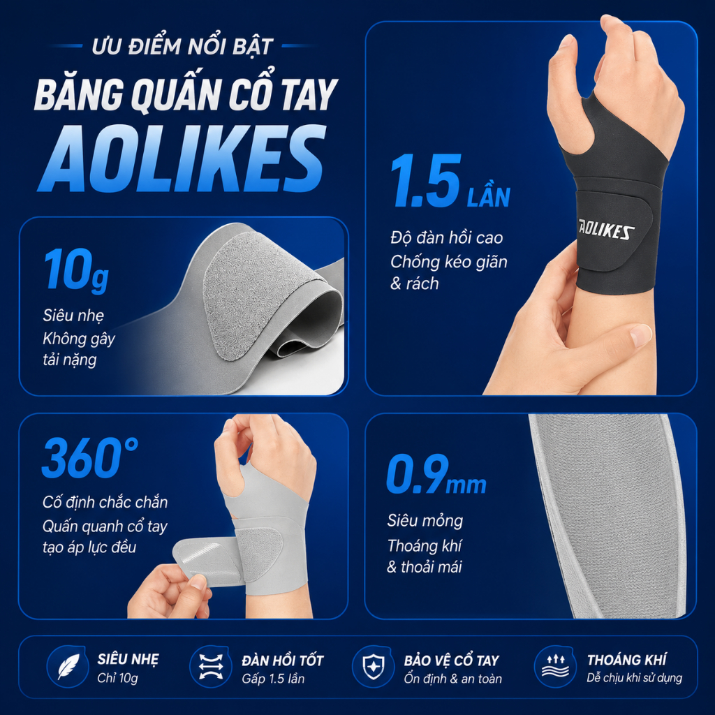 Băng Quấn Cổ Tay AOLIKES 7935 –Siêu Mỏng 0.9mm, Hỗ Trợ Viêm Gân, Giảm Đau Khi Tập Gym, Chơi Thể Thao