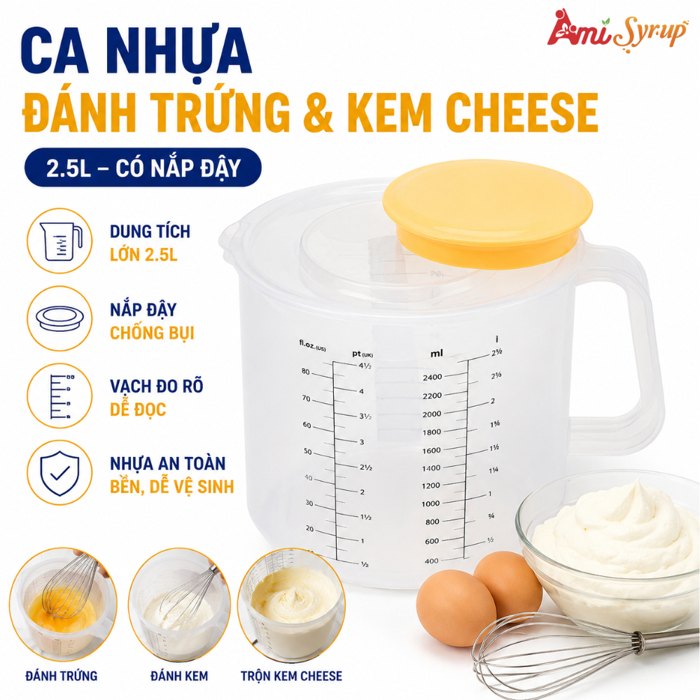 Ca Nhựa Đánh Trứng & Kem Cheese 2.5L – Có Nắp Đậy, Tiện Lợi, Chuyên Dụng Cho Pha Chế