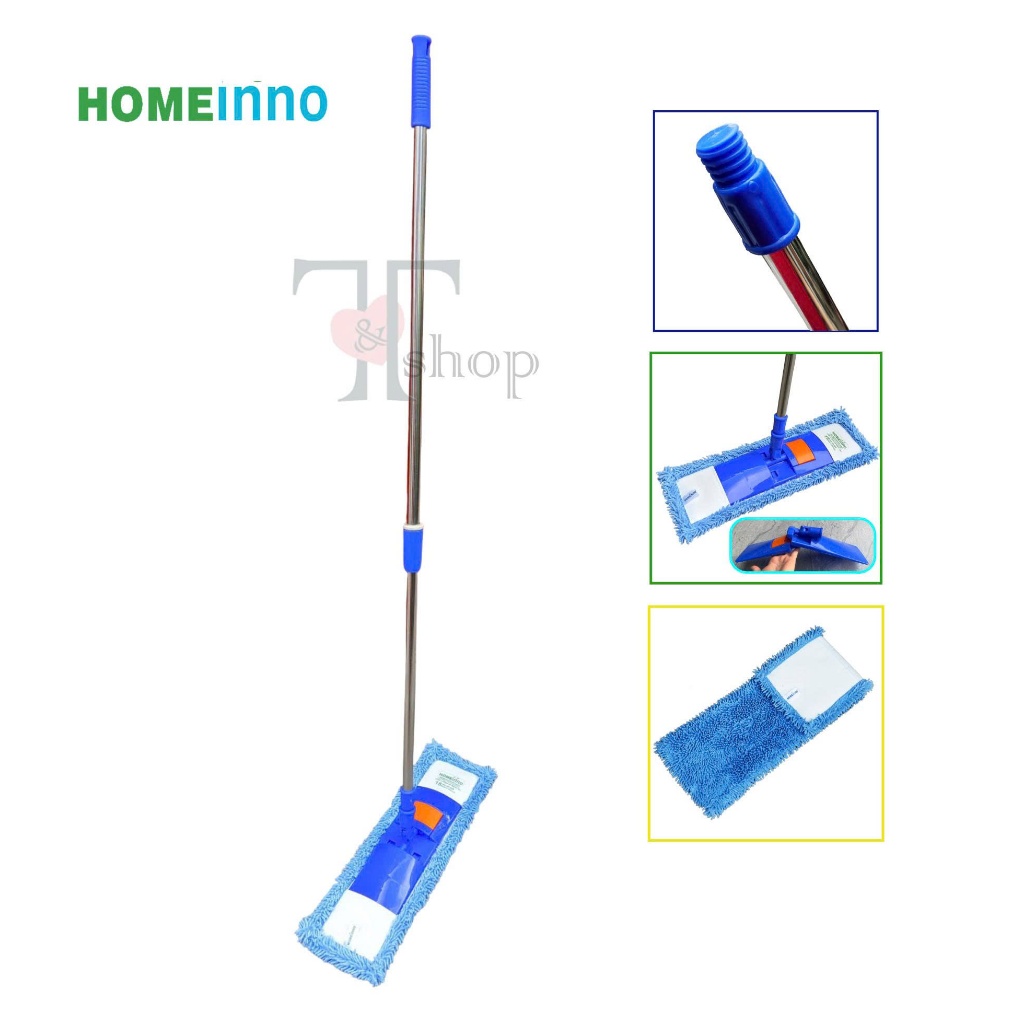 Cây Lau Nhà Inox Đế Nhựa KIỂU CÀI Tấm Lau San Hô / Xoắn / Mịn 45cm Homeinno Cán Tăng Đơ Thu Ngắn 90cm Dài Ra 1m4