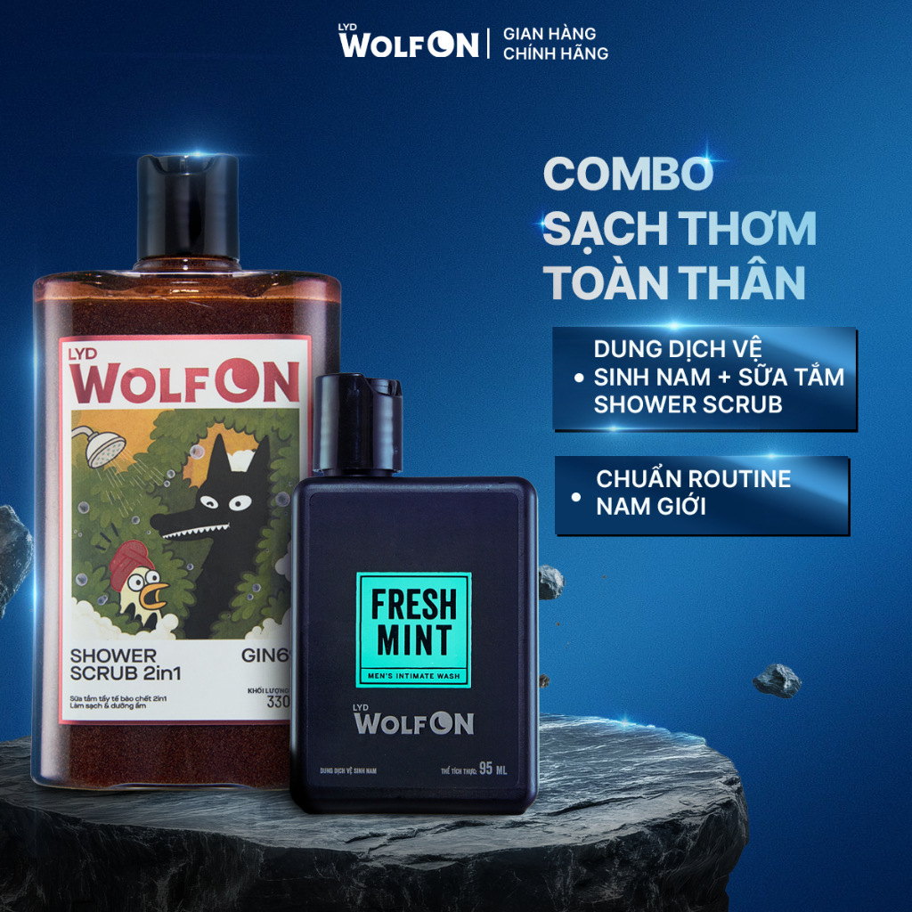 Set Sản Phẩm Chăm Sóc Nam Giới LYD Wolf ON: 1 Dung Dịch Vệ Sinh 95ml + 1 Shower Scrub 300ml