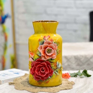 Bình Hoa Gốm Sứ Bát Tràng Họa Tiết Đắp Nổi Vàng Lọ Hoa Vuốt Tay Thủ Công Trang Trí GomDecorTSC