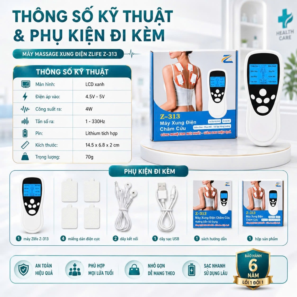 Máy Massage Cầm Tay Mini Z313 Xung Điện Trị Liệu Cổ Vai Gáy Kèm Miếng Dán Pin Sạc Tiện Lợi