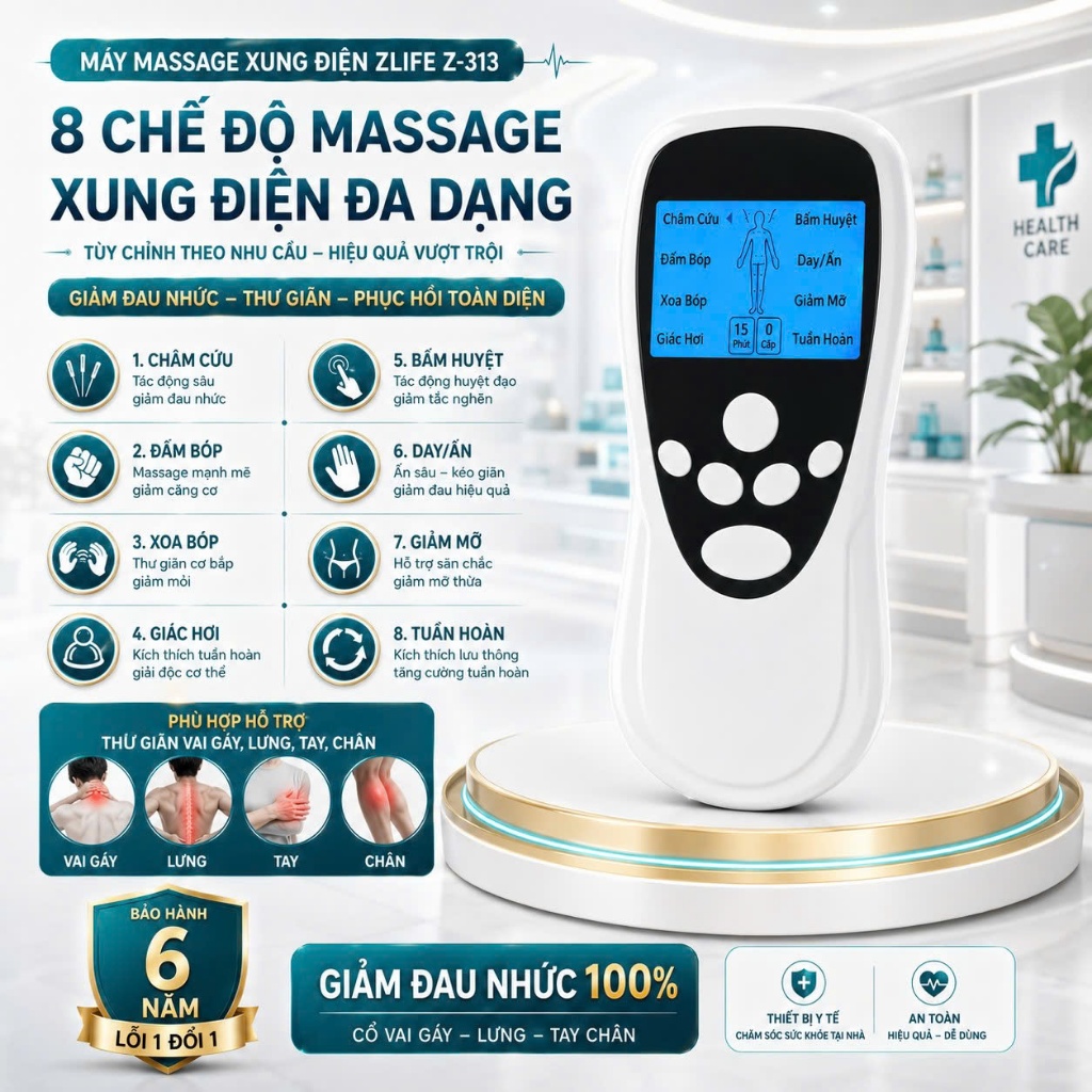 Máy Massage Cầm Tay Mini Z313 Xung Điện Trị Liệu Cổ Vai Gáy Kèm Miếng Dán Pin Sạc Tiện Lợi