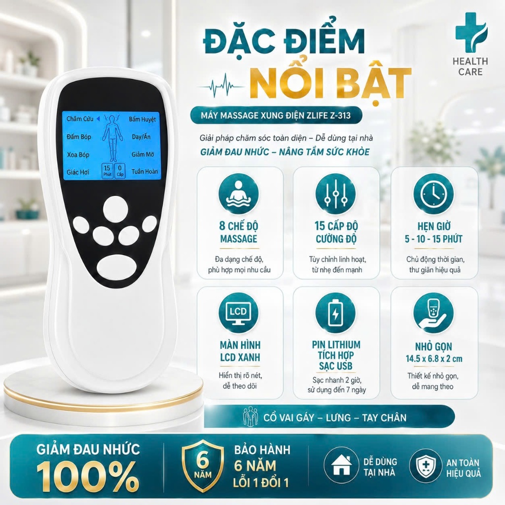 Máy Massage Cầm Tay Mini Z313 Xung Điện Trị Liệu Cổ Vai Gáy Kèm Miếng Dán Pin Sạc Tiện Lợi
