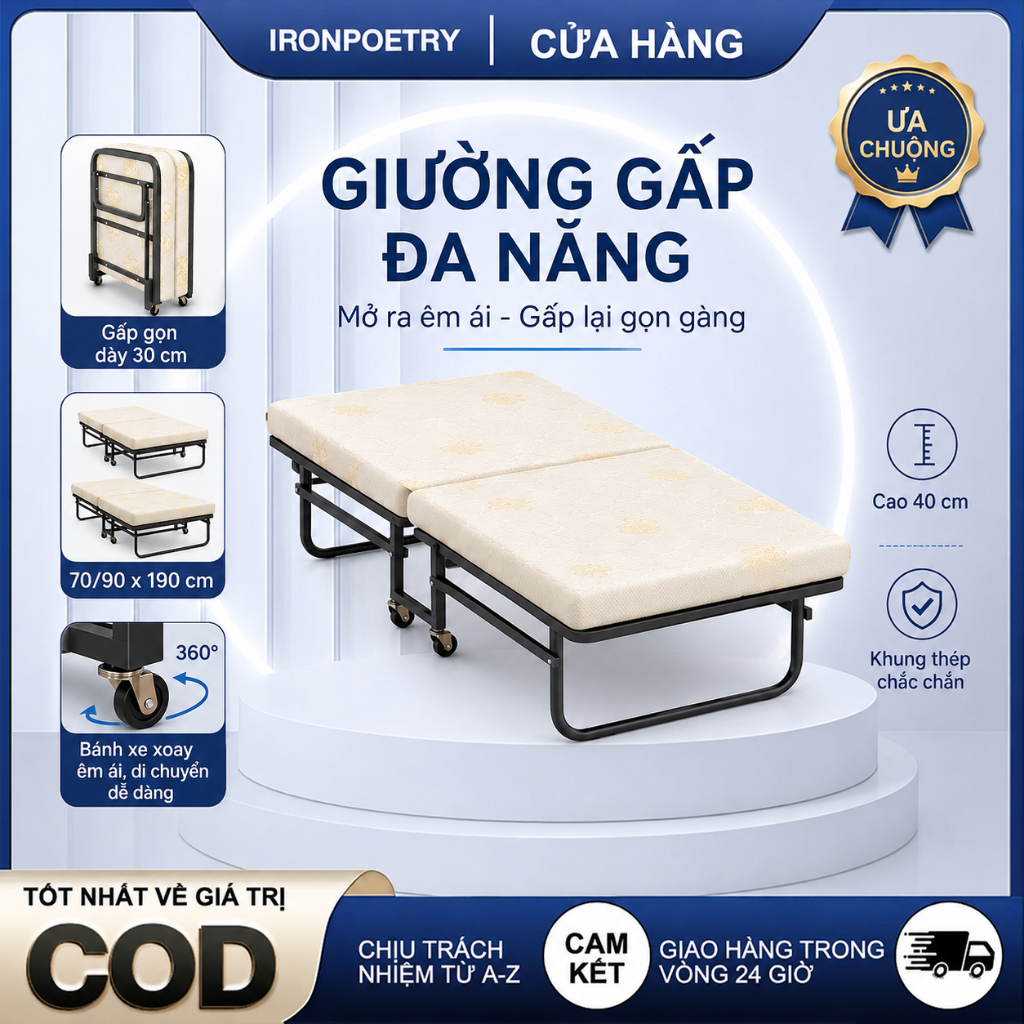 IRONPO Giường Xếp Ngủ Trưa Văn Phòng Có Nệm Khung Thép  4 Bánh Xe Linh Hoạt 70/90x190cm