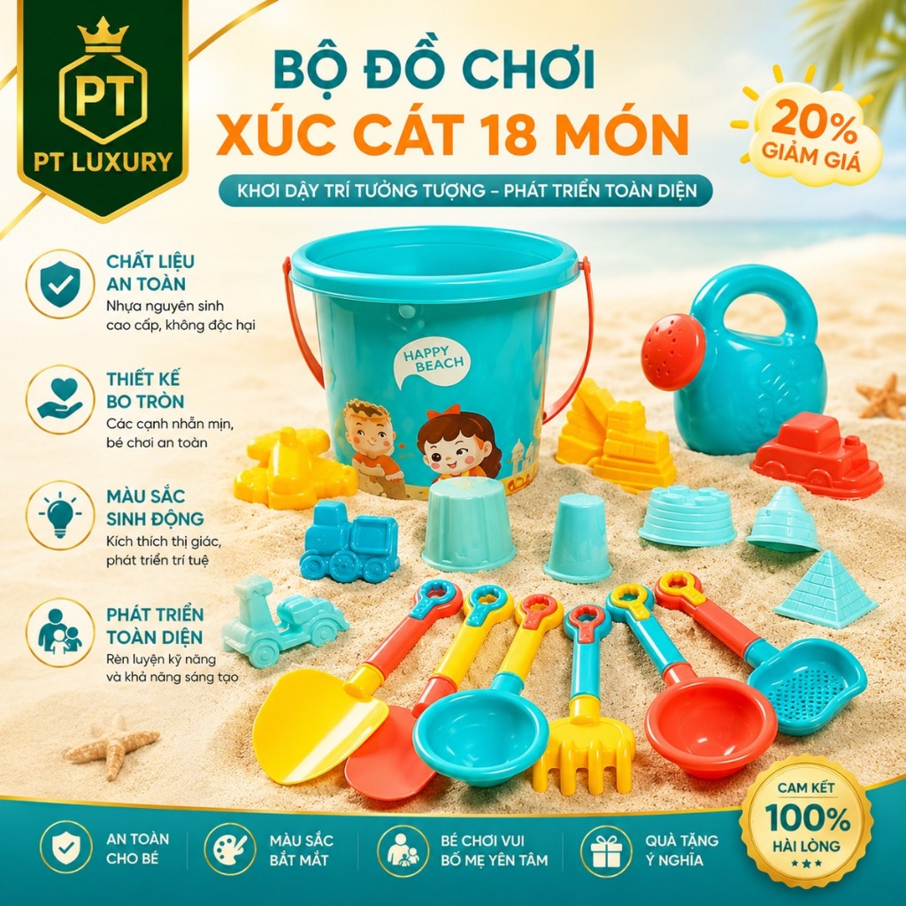 Bộ đồ chơi xúc cát PTLUXURY cho bé đi biển vịt vàng vịt xanh với nhiều phụ kiện đi kèm