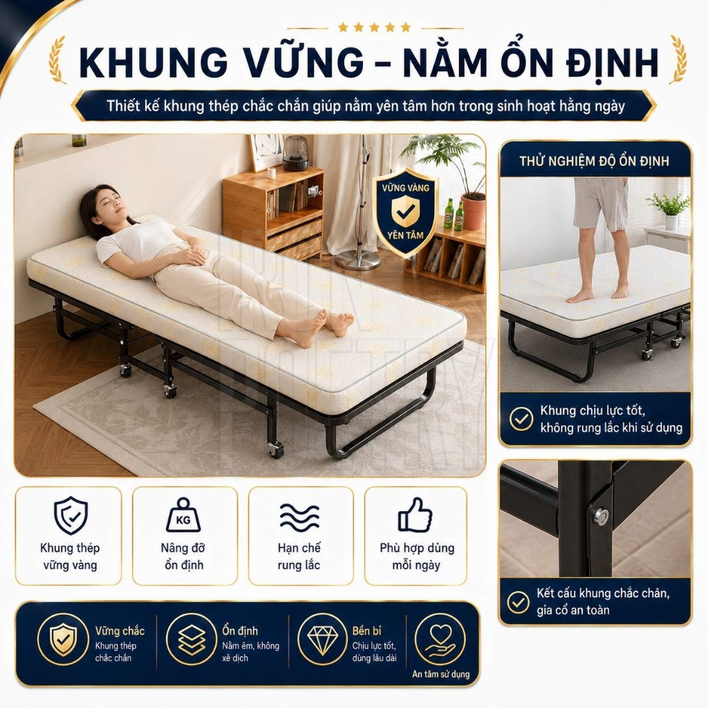 IRONPO Giường Xếp Ngủ Trưa Văn Phòng Có Nệm Khung Thép  4 Bánh Xe Linh Hoạt 70/90x190cm