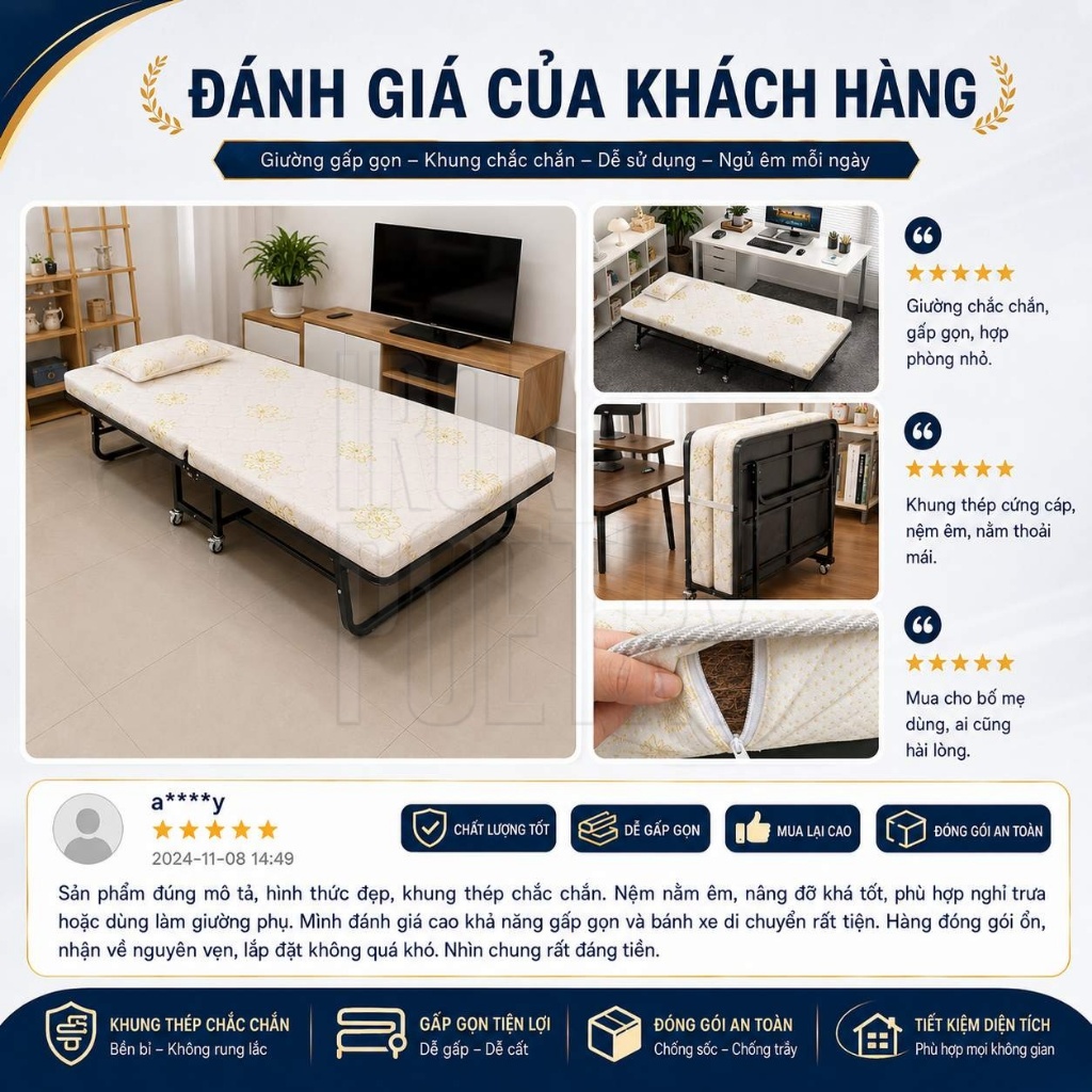 IRONPO Giường Xếp Ngủ Trưa Văn Phòng Có Nệm Khung Thép  4 Bánh Xe Linh Hoạt 70/90x190cm
