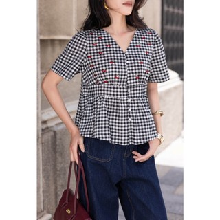 SWANLAKE | Áo Kiểu Nữ Dáng Babydoll Kẻ Sọc Caro Cài Nút Cổ Chữ V Chất Linen Tay Ngắn Dạo Phố A13917