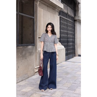 SWANLAKE | Áo Kiểu Nữ Dáng Babydoll Kẻ Sọc Caro Cài Nút Cổ Chữ V Chất Linen Tay Ngắn Dạo Phố A13917