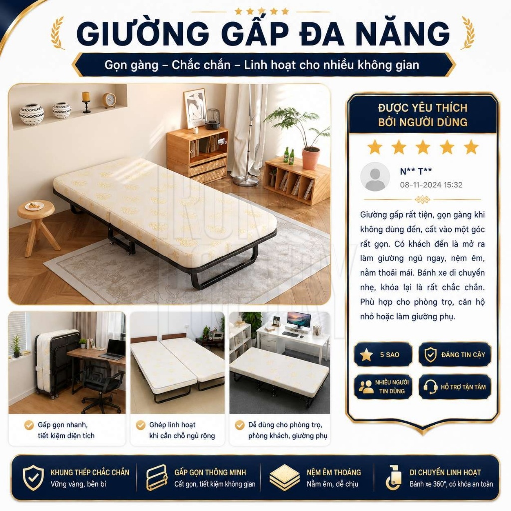 IRONPO Giường Xếp Ngủ Trưa Văn Phòng Có Nệm Khung Thép  4 Bánh Xe Linh Hoạt 70/90x190cm