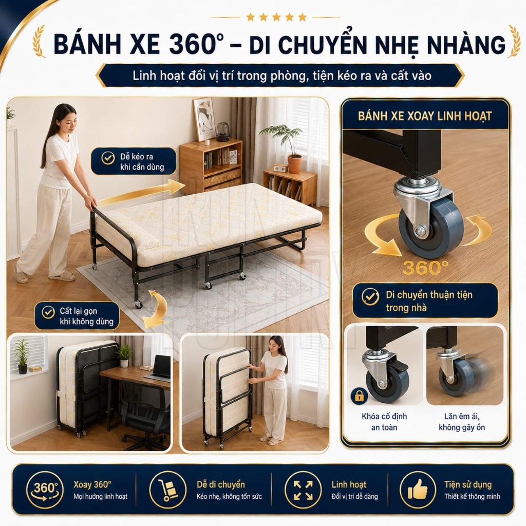 IRONPO Giường Xếp Ngủ Trưa Văn Phòng Có Nệm Khung Thép  4 Bánh Xe Linh Hoạt 70/90x190cm