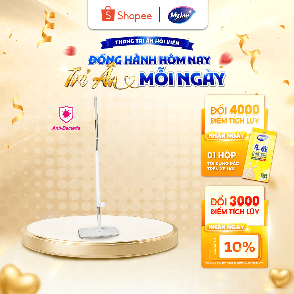 Cây lau nhà tự vắt kháng khuẩn Ag+ phẳng sợi fiber xoay 360 độ thông minh lau sạch nhanh