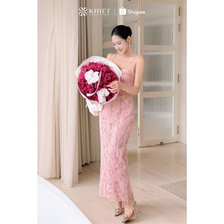 Đầm Khiết dáng dài ôm corset chất ren hồng pastel ngọt ngào có đệm mút phong cách quyến rũ KD563