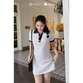 Đầm ngắn polo cổ phối viền đen đính nút phong cách trẻ trung hiện đại Khiết KD570