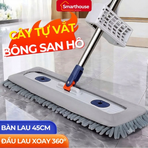 Cây Lau Nhà Tự Vắt 45cm Bông San Hô Microfiber Siêu Thấm Hút D9