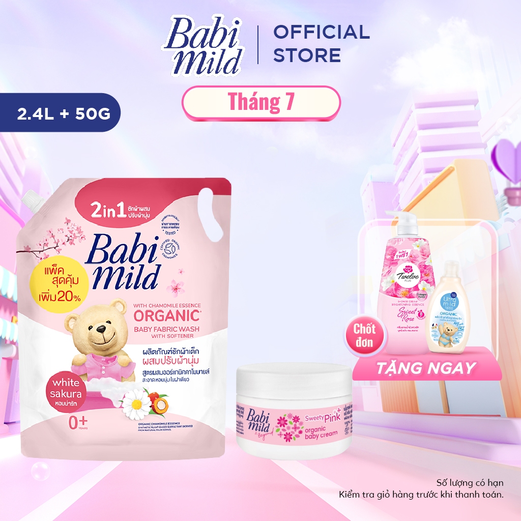 Combo Nước Giặt Xả Dịu Nhẹ Cho Bé 2in1 Babi Mild 2400ml/túi + Kem dưỡng da trẻ em 50g